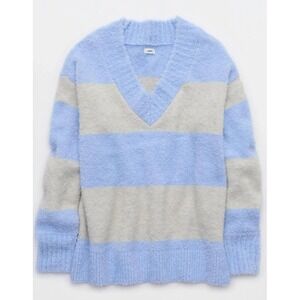 Aerie Teddy Bouclé Blue Gray Stripe V-Neck Cozy Sweater Small Oversized Cozy